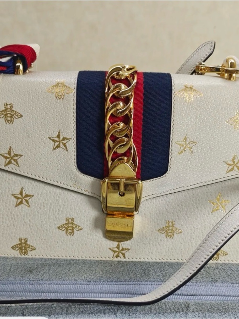 Gucci Sylvie White Bee & Star Print Shoulder Bag with Red & Blue Stripe Web
